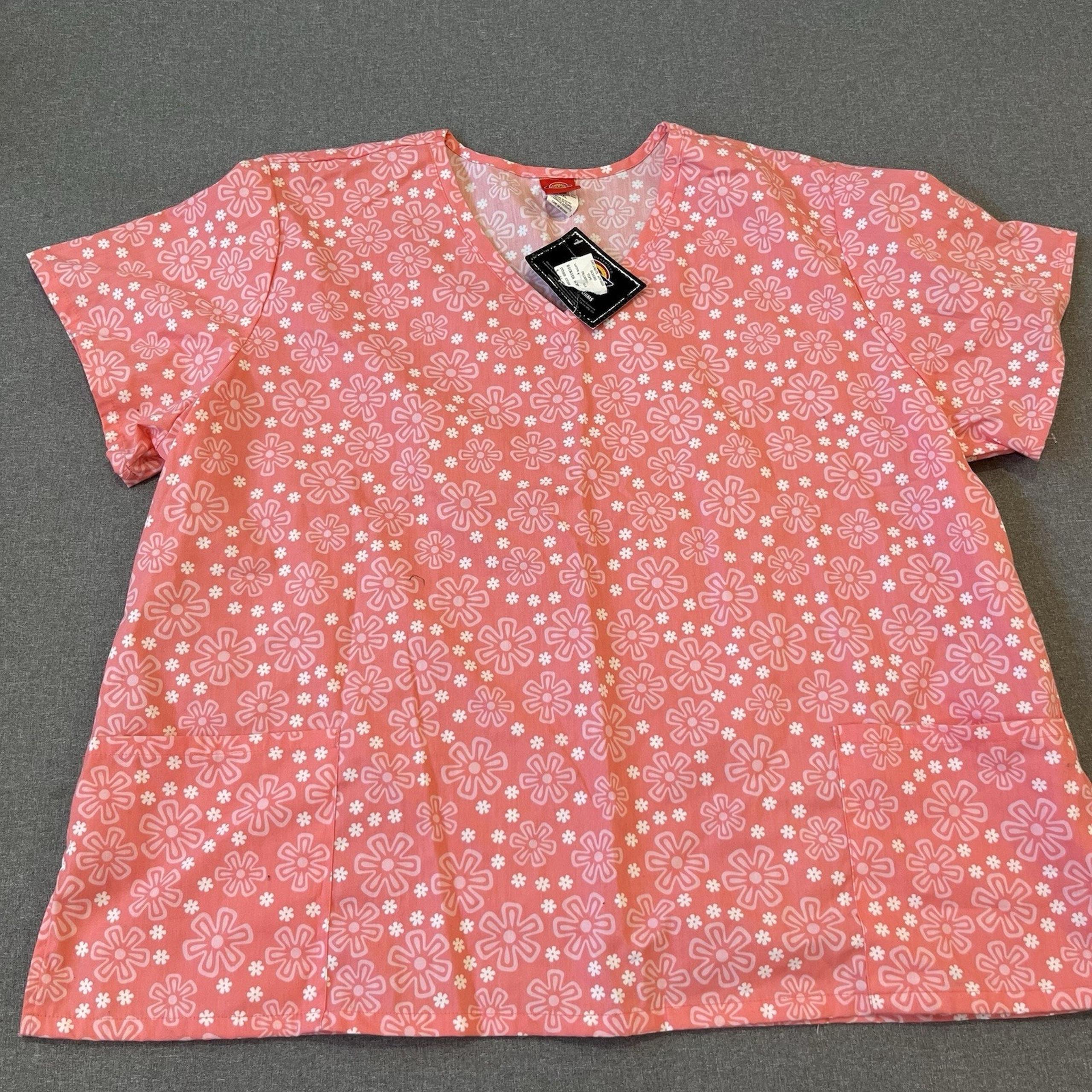 Dickies Scrub Top Womens 3XLarge Pink Floral Short Sleeve Medical Uniform NWT