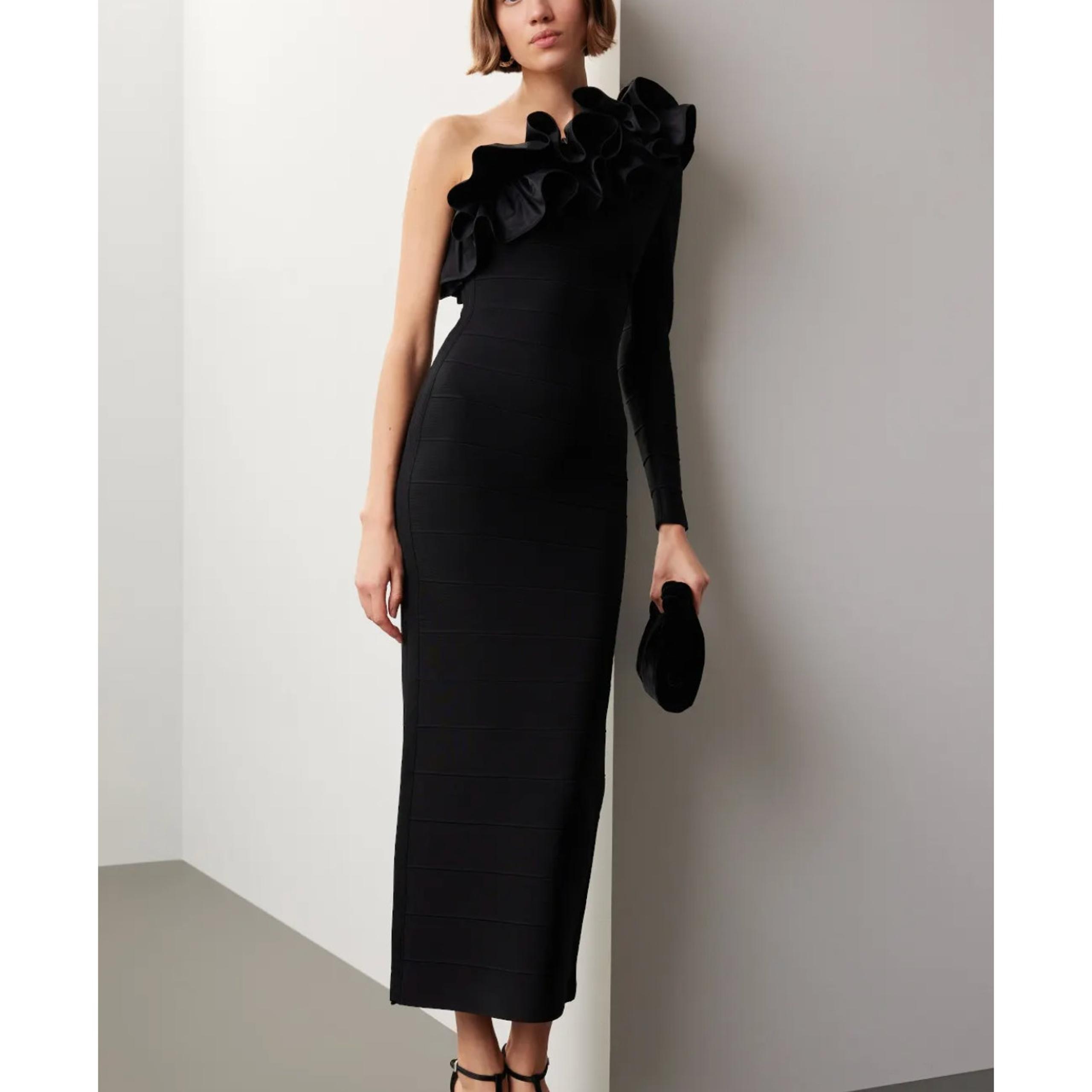 Herve Leger Black Bandage Gown MEDIUM One Shoulder Ruffle Formal Designer $1990