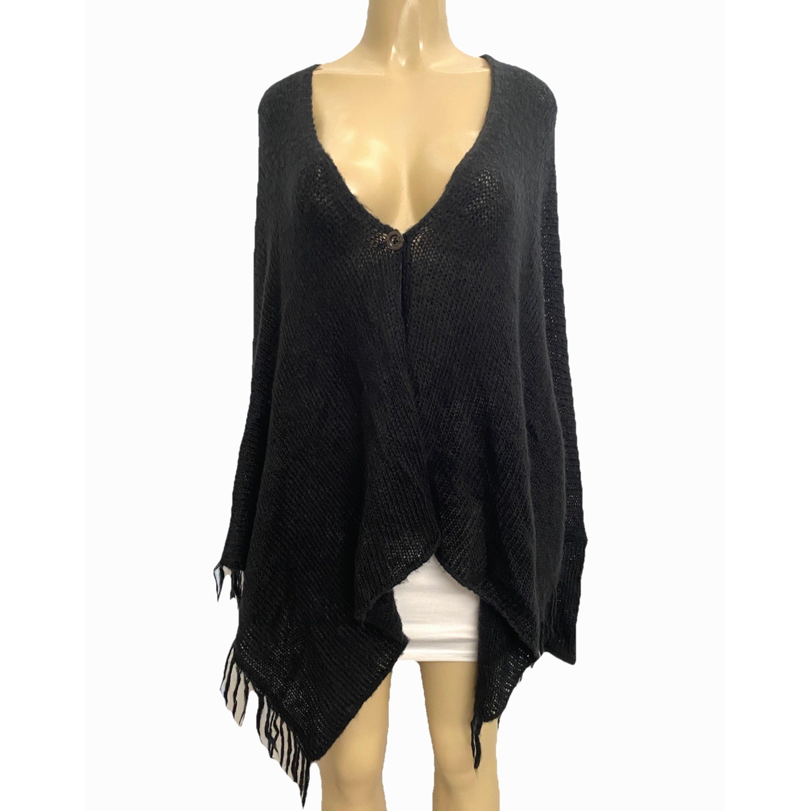 Wooden Ships Poncho Cardigan Sweater Black Fringe One Button V Neck Wrap Cape L