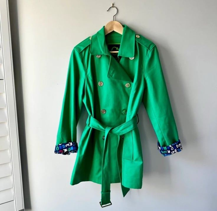 C.Wonder Green Trench Coat with Gold Buttons Size Large