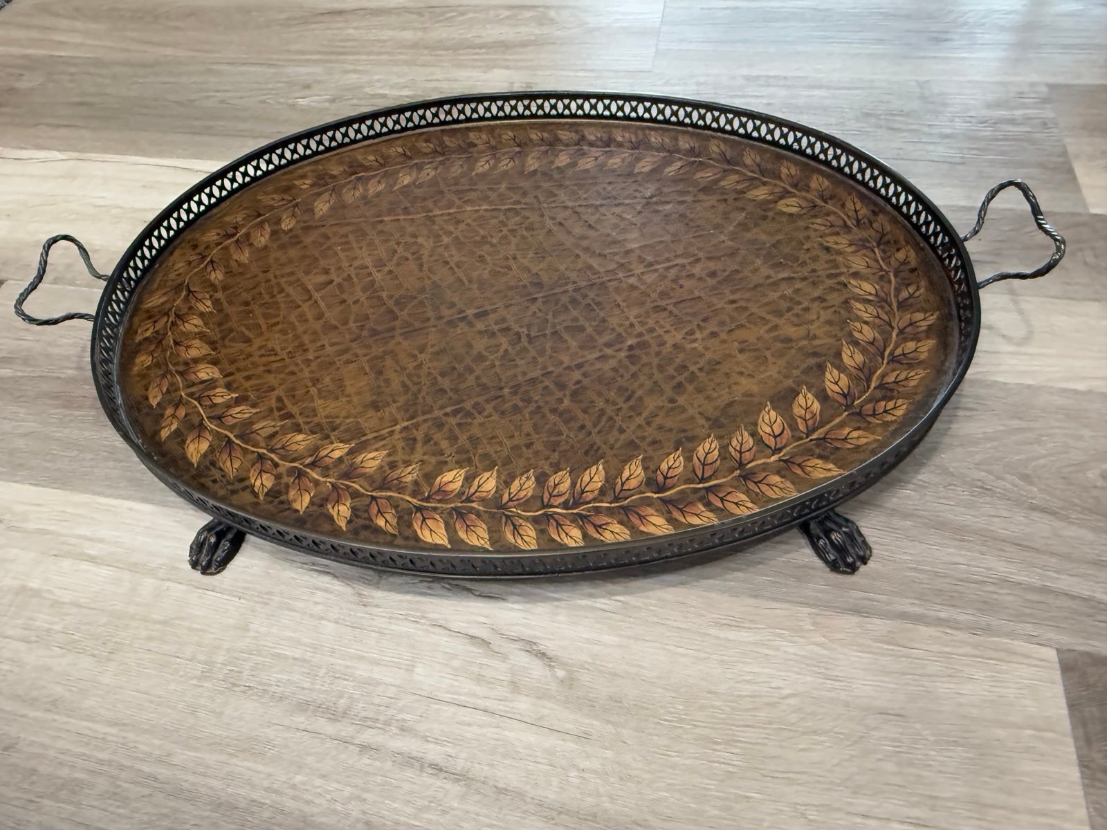 Sarried LTD Brass & Leather Tooled Hairy Footed Decorative Table Serving Tray