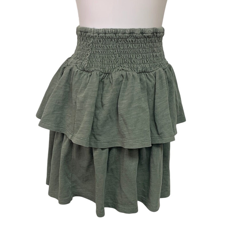 New Aerie Womens Small Olive Smocked Waist Tiered Ruffled Sample Mini Skirt