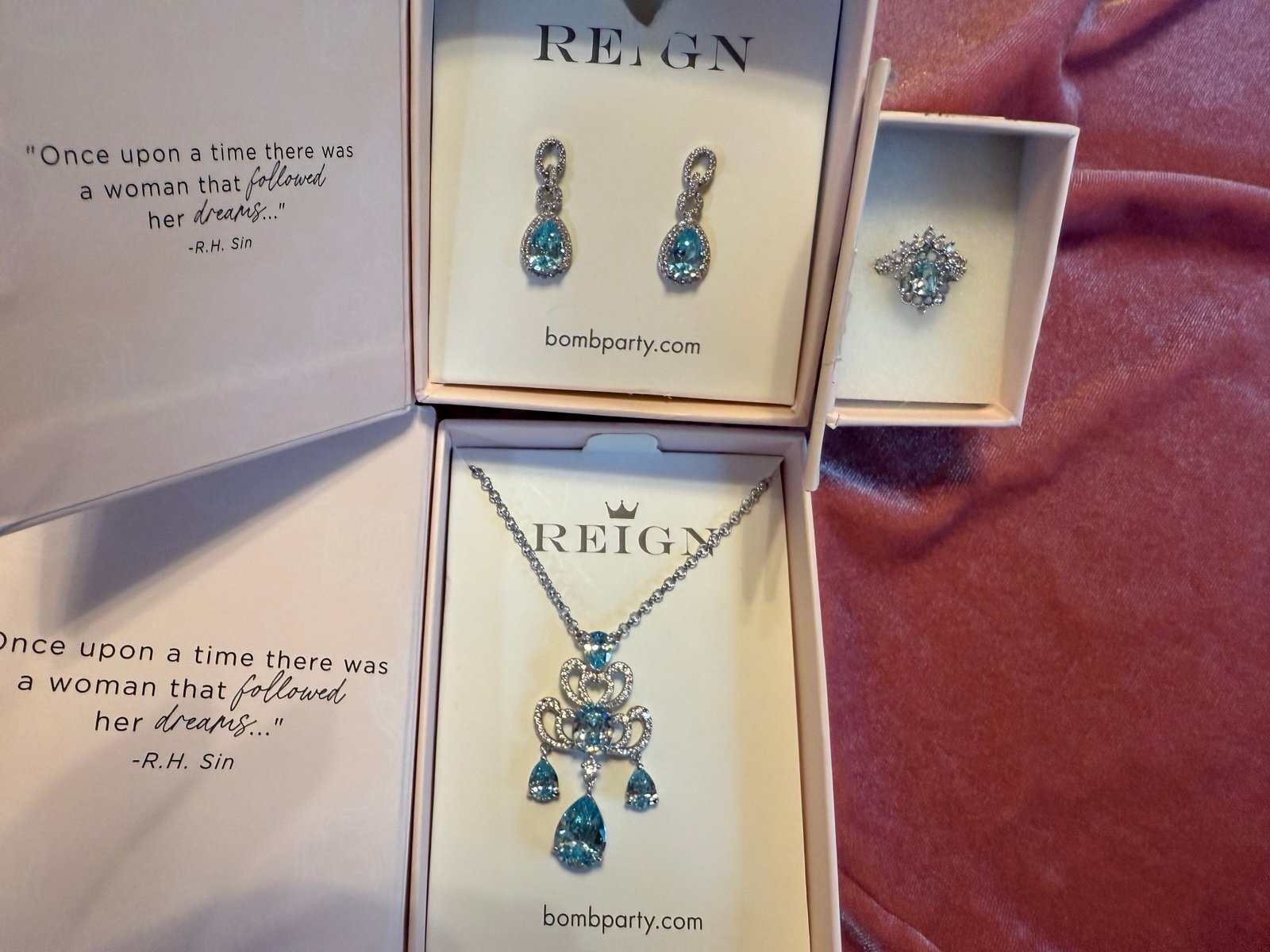 Bomb party Reign princess collection bundle earrings, necklace size 7 ring.