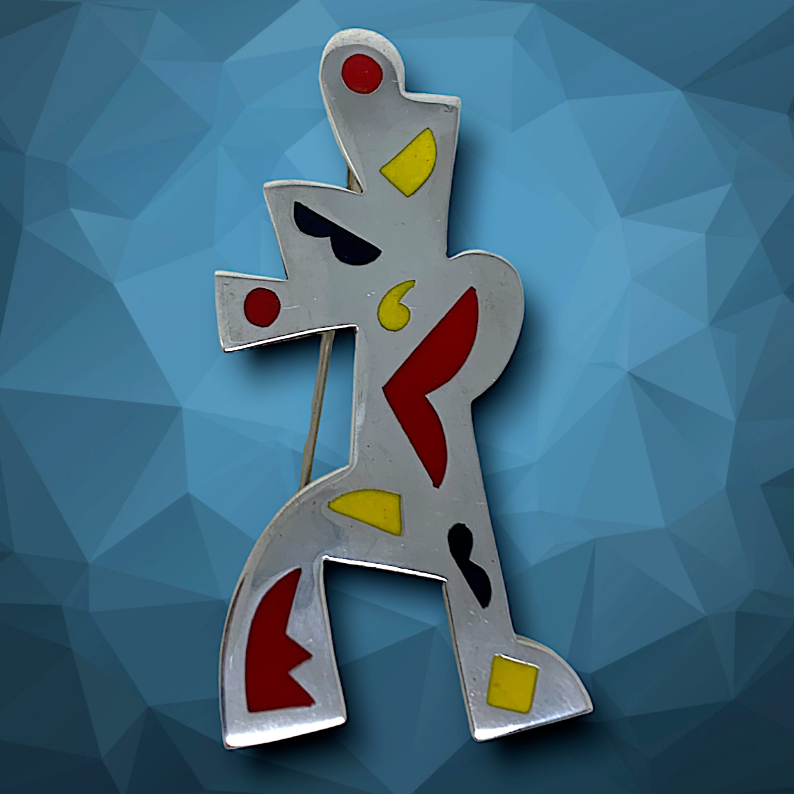 Vintage 1987 Avant Garde Modernist 925 Sterling Enamel Silver Brooch Pin Cubism