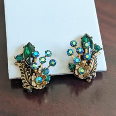 Vintage Green Rhinestone Ear Climber Earrings AB Crystals