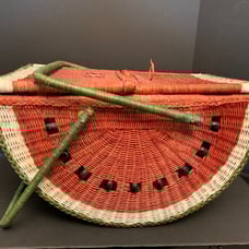 Vtg Watermelon Wicker Picnic Basket Bead Seeds Double Handles Hinged Lid LARGE