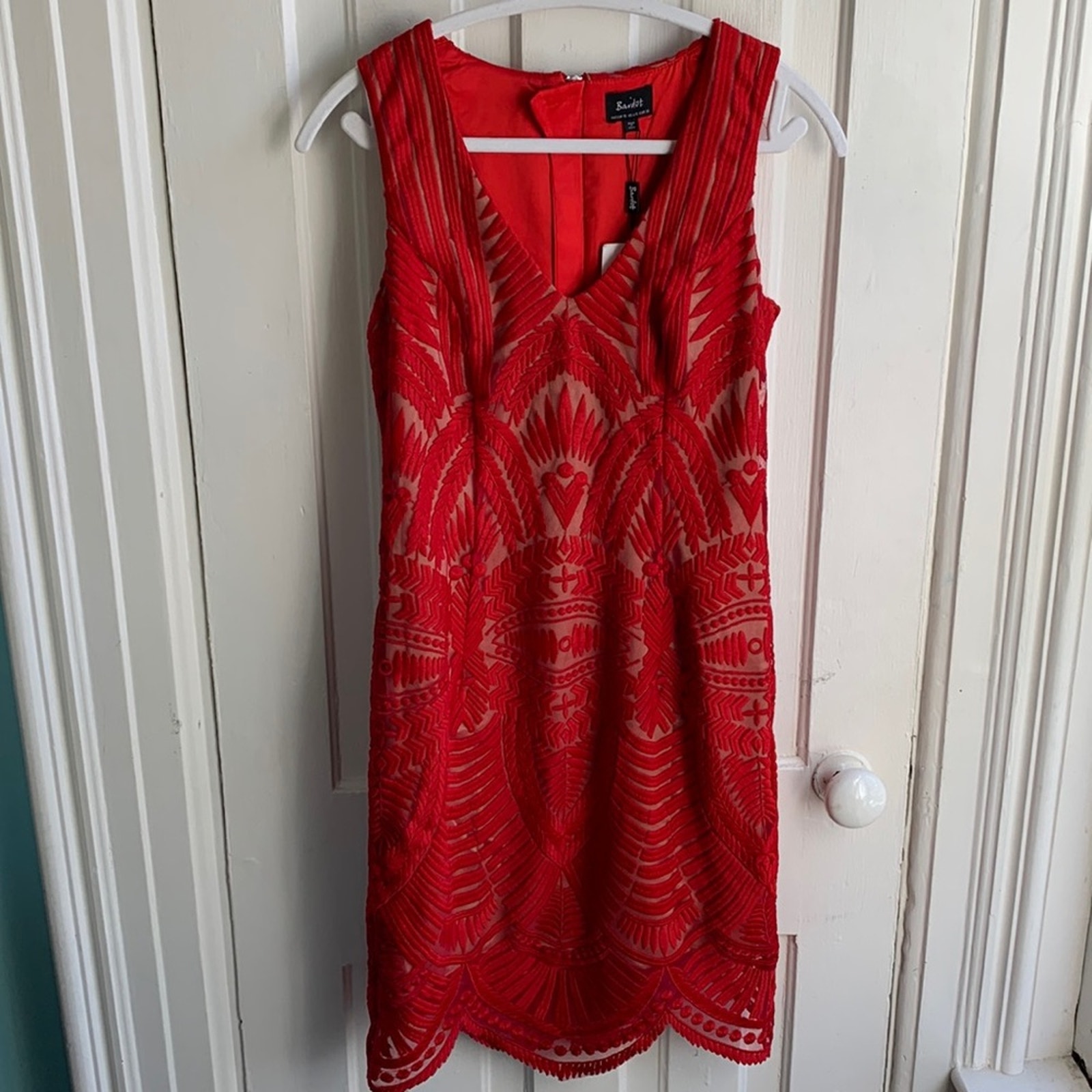 Bardot Embroidered Mesh Dress In Lipstick NWT