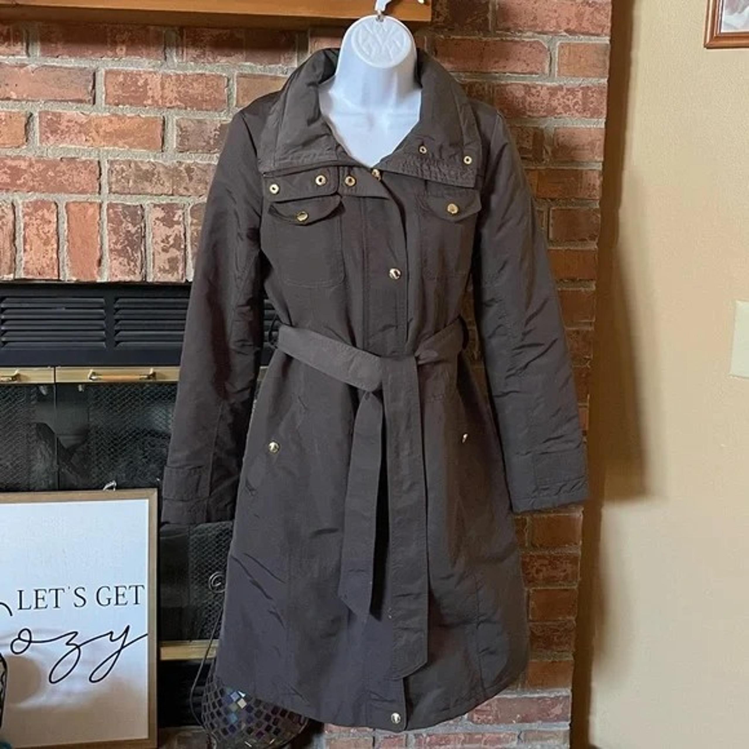 Ellen Tracy Long Green Belted Trench Coat