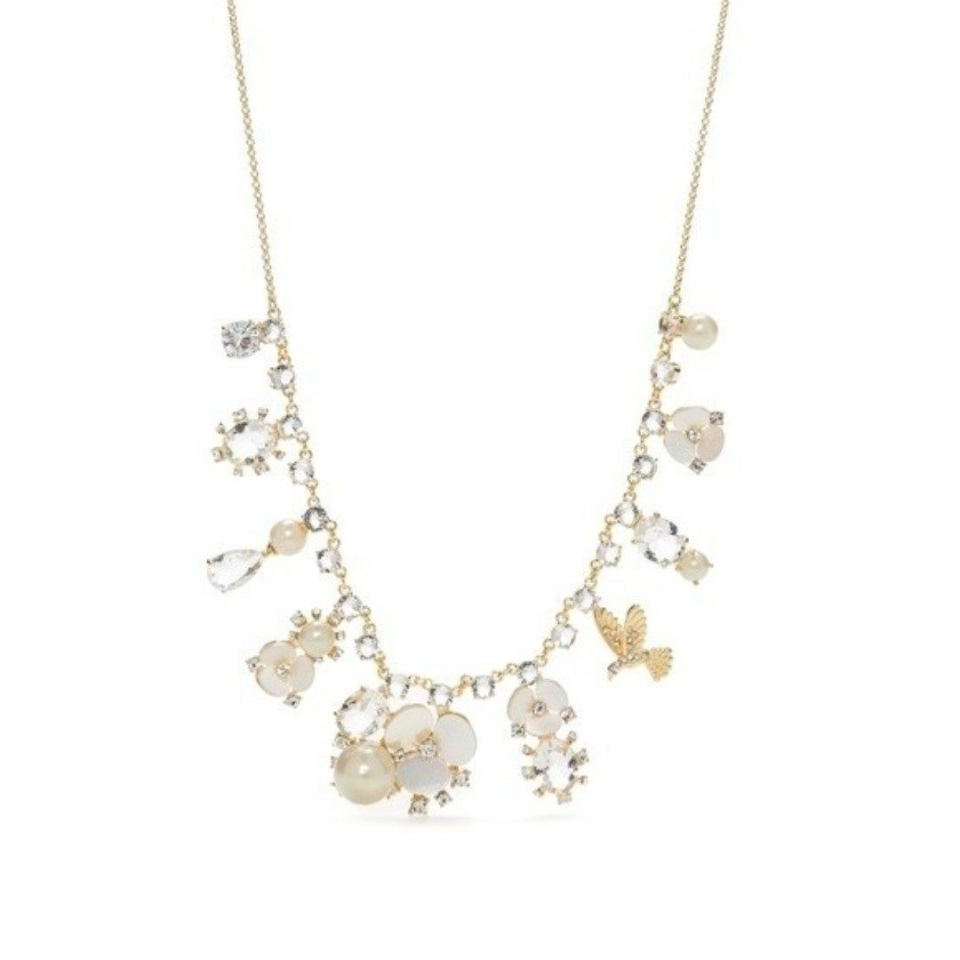 New! KATE SPADE Disco Pansy Flower Bird Crystal Gold-tone Necklace 16 +Extender