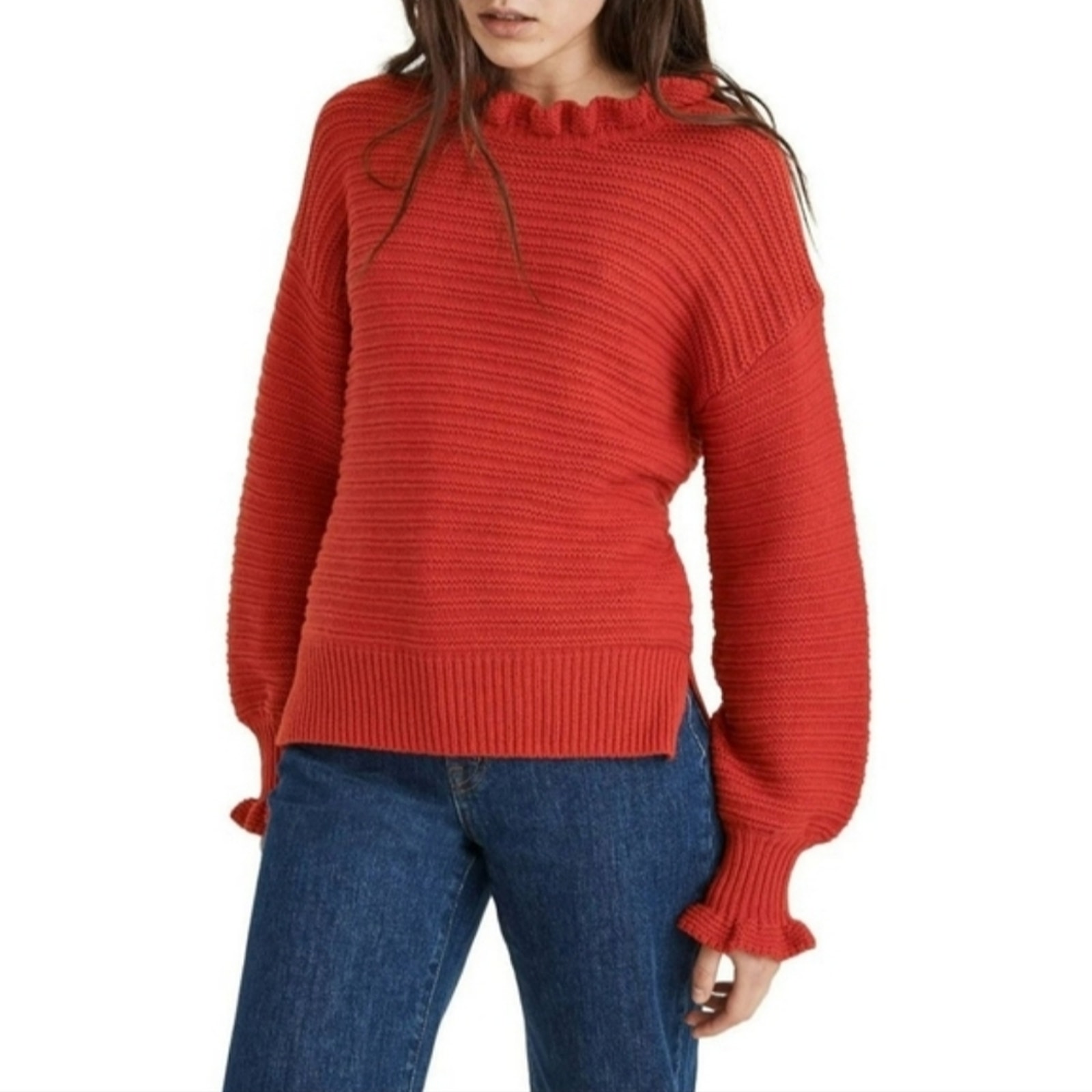 Madewell Ruffle Neck Long Sleeve Ribbed Red Cotton Wool Blend Sweater Size M