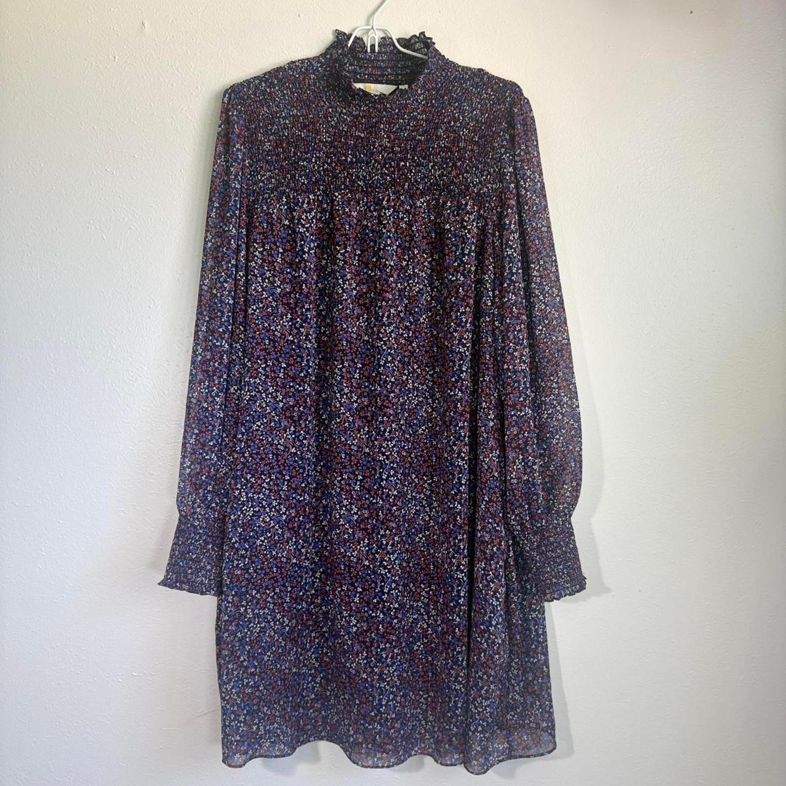 Boden 14R Smocked Stretch Long Sleeve Dress Mock Neck Pockets Floral Modest