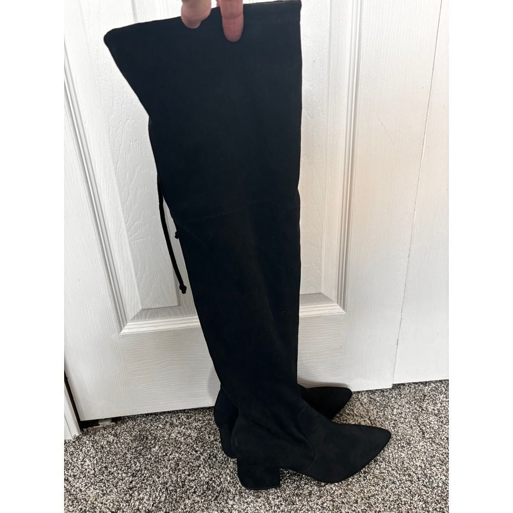Elegant Black Suede Over-the-Knee Boots with Pointed Toe and Back Tie Detail