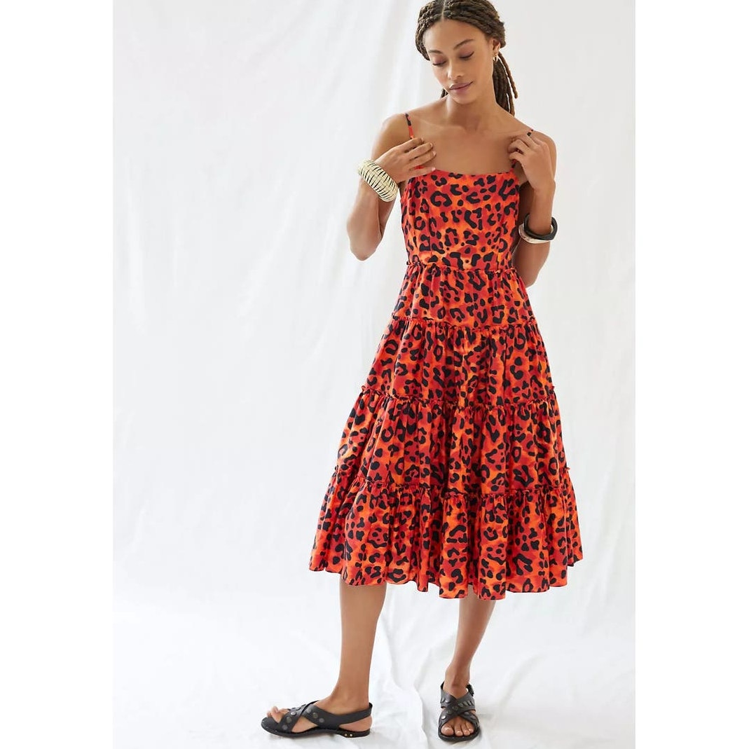 New Anthropologie by Geisha Leopard Tiered Midi Dress 198 MEDIUM Orange Motif