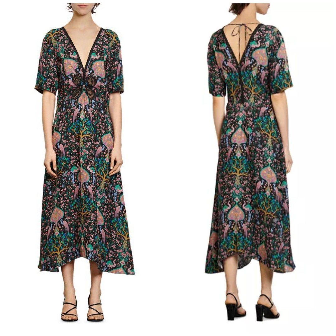 Sandro Paris Ivena Silk Blend Floral Elephant Birds Print Midi Dress Size FR 42
