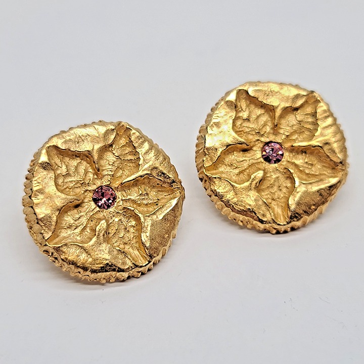 Vintage Big Kate Hines Gold-Tone Floral Clip-On Earrings Pink Rhinestone 1980s
