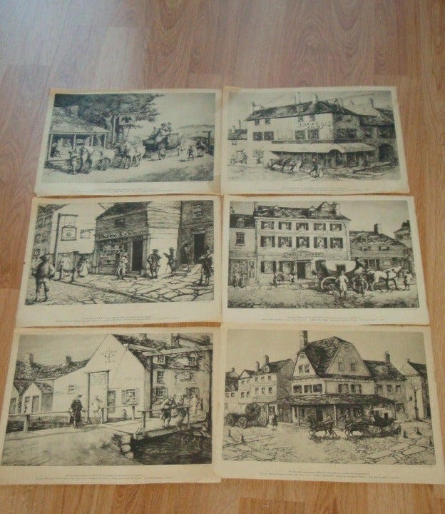 Vintage Lot of 6 E.T. SCOWCROFT Reproduction Etchings of a Pennsylvania Inn