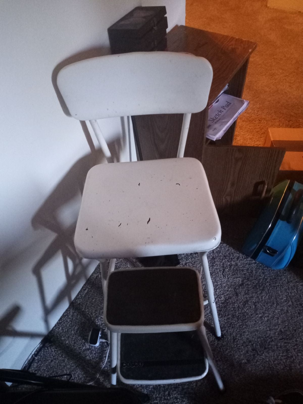 White Mid Century chair and step stool.