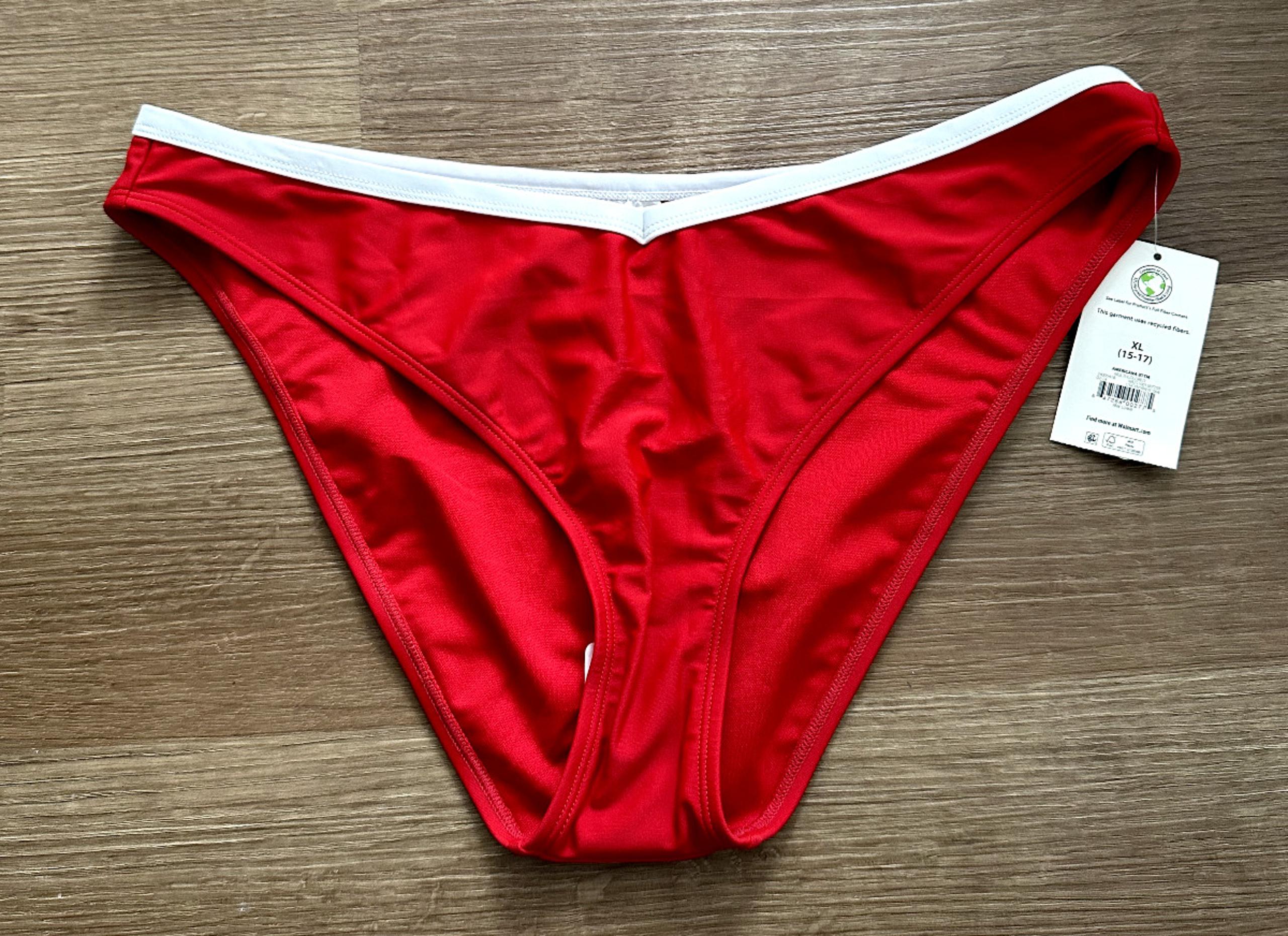 No Boundaries V-Front Bikini Swim Bottom Cheeky Red White Trim Juniors XL 15-17