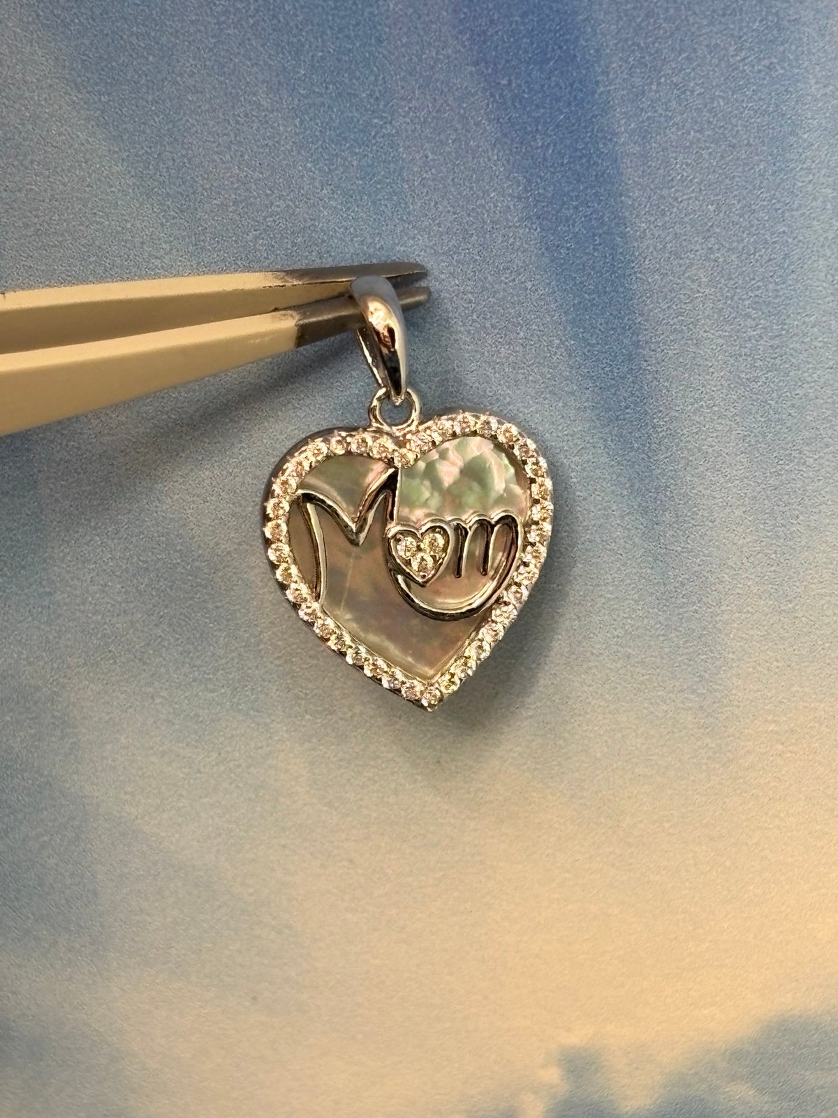 Sterling silver MOM heart mother of pearl CZ charm pendant