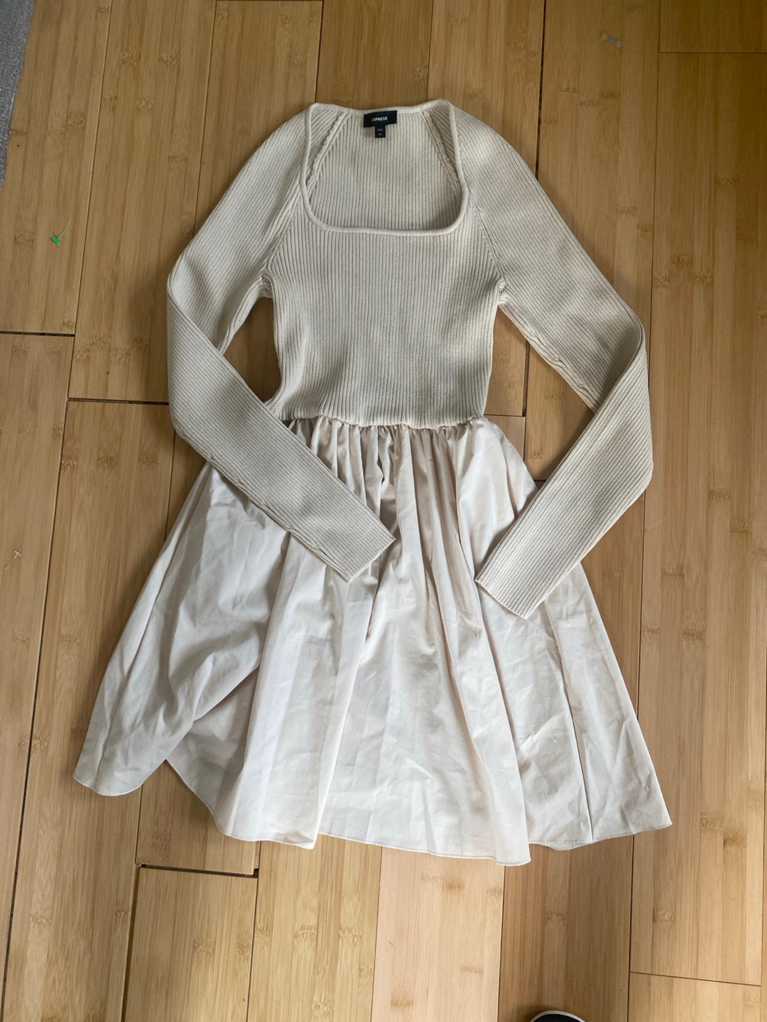 Express Ribbed square neck poplin mini fit and flare dress