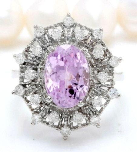 5.40Ct Natural Oval Pink Kunzite & Diamond Halo Solitaire Ring 14k White Gold