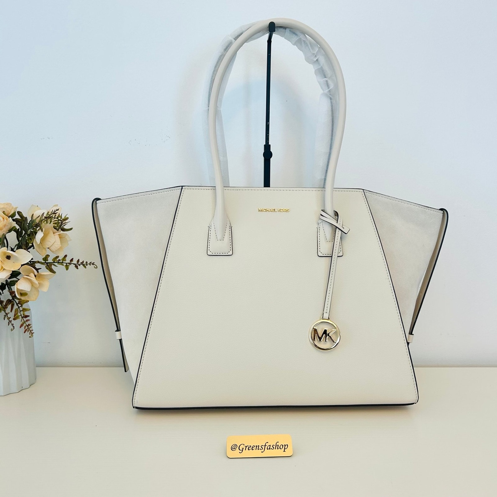 Michael Kors Purse MK Avril Extra-Large Leather and Suede Tote Bag LT Cream