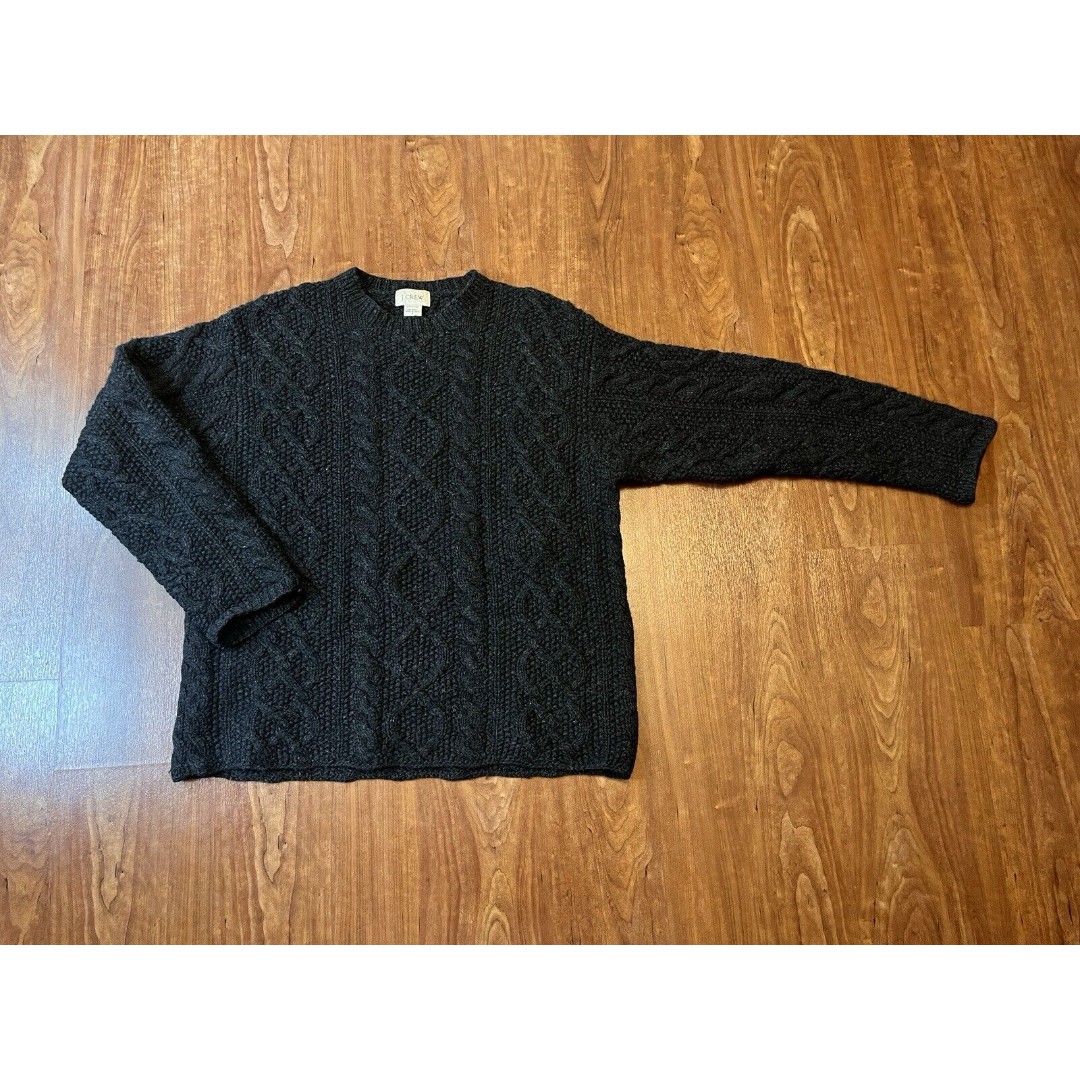 J Crew Handknit Shetland Wool Fisherman Sweater Mens Small Black Cable Knit VTG