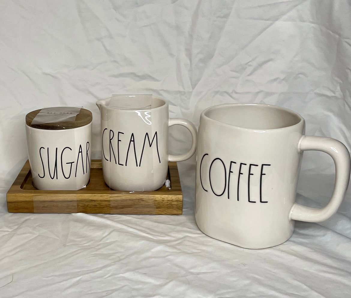 Rae Dunn Coffee Cream Sugar w/ Wood Tray