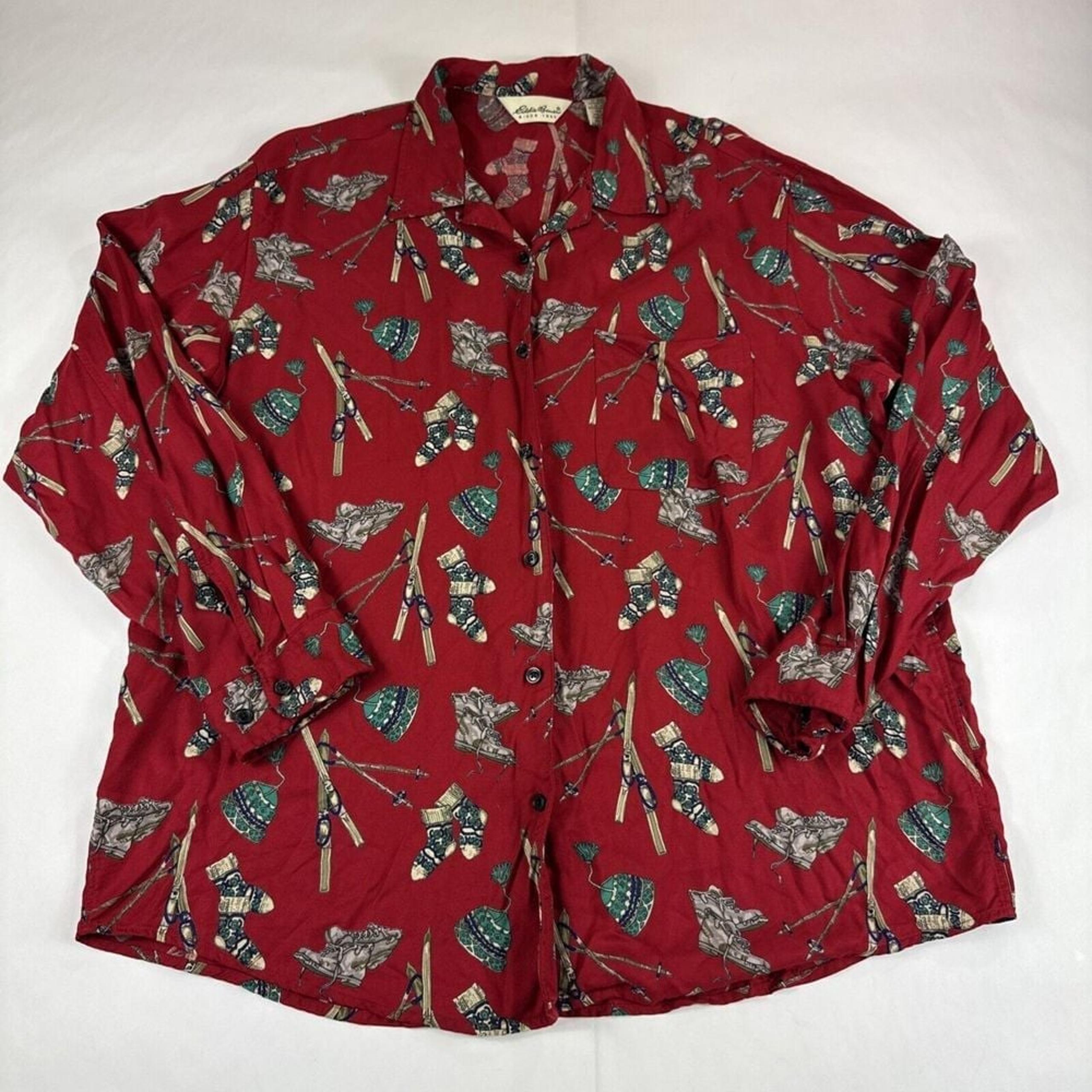 Eddie Bauer Shirt Womens XL Red Button Up Long Sleeve Ski Winter Snow Vtg READ