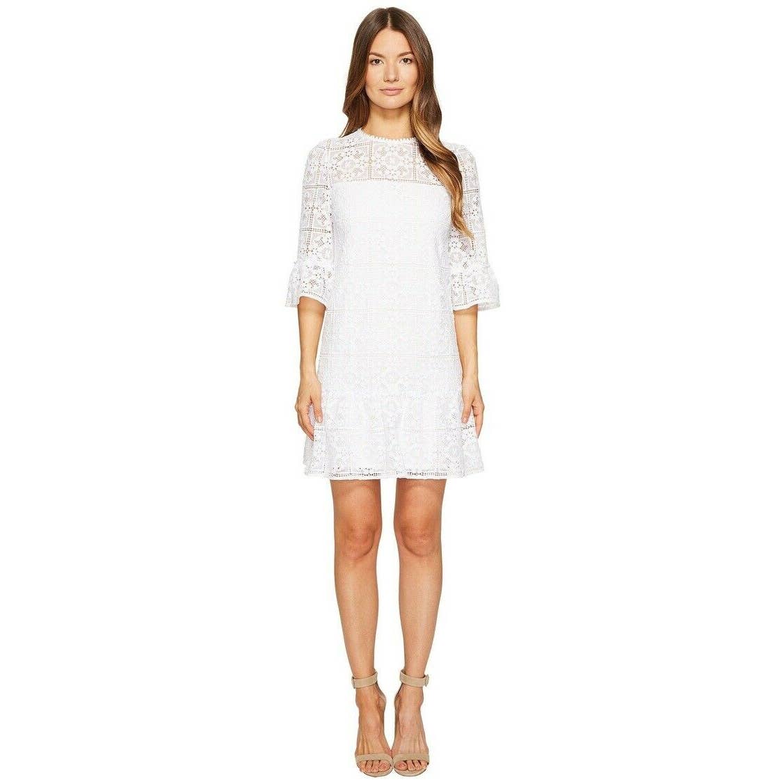 Lace flounce shift clearance dress