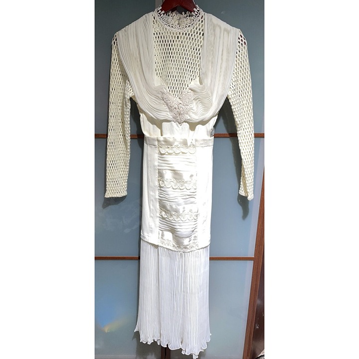 Maick Harold Paris Vintage Couture Ivory Mesh Net Top & Pleated Skirt 2Pc Set L