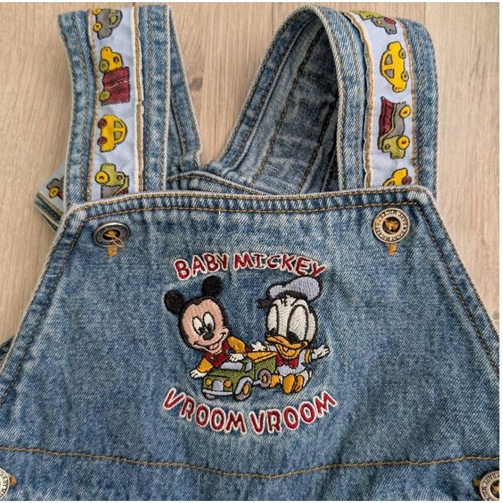 Vintage Baby Mickey Blue Denim Embroidered Car Pattern Overalls, 12 Months (k9)