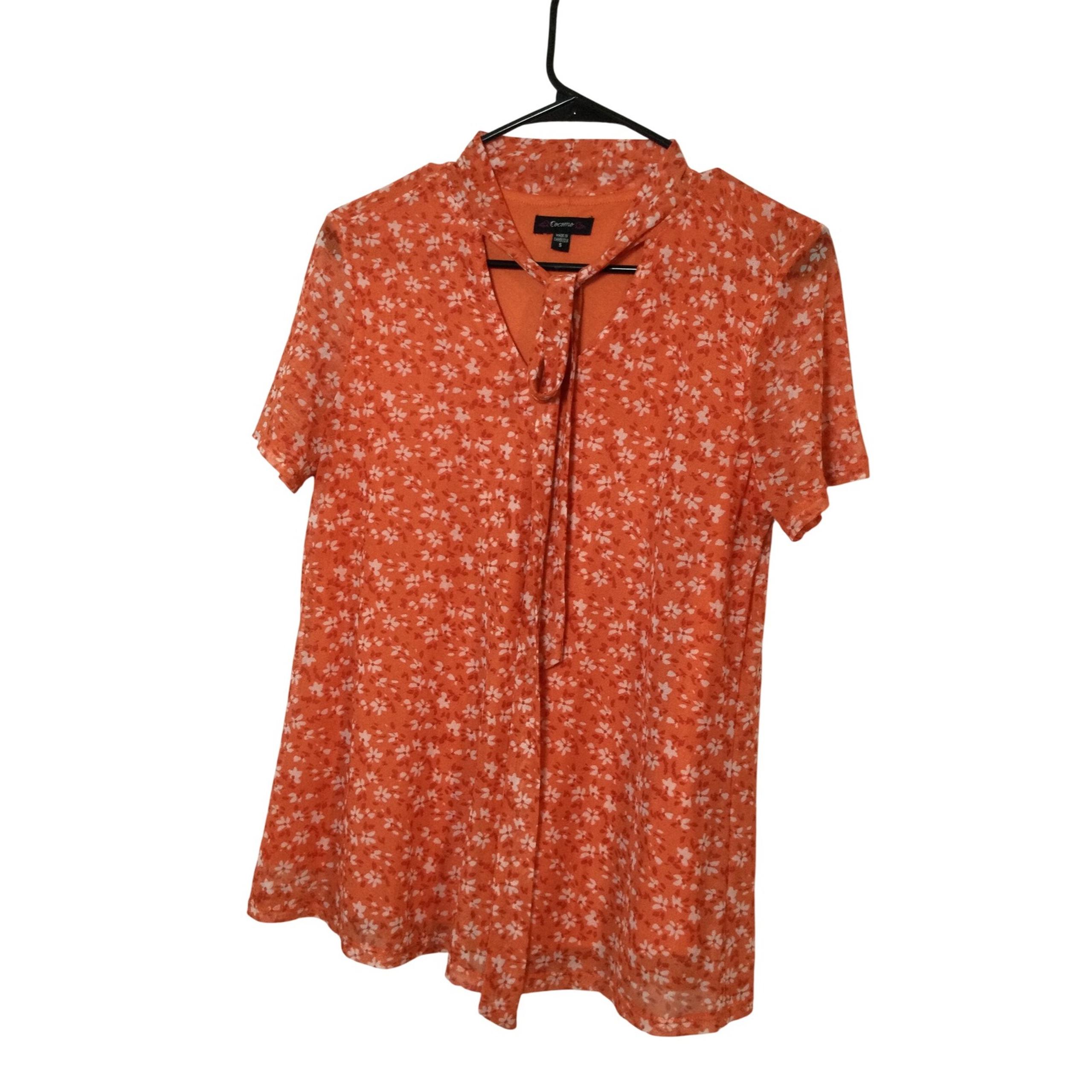 Cocomo Orange Floral Tie Neck Blouse Semi-Sheer Short Sleeve SizeS (294)