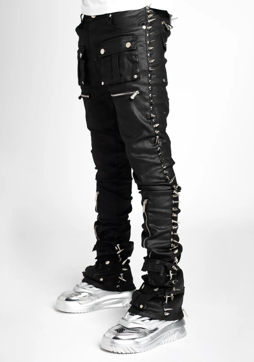 Guapi Obsidian Black Waxed Spiked Denim 34 Skinny Jeans