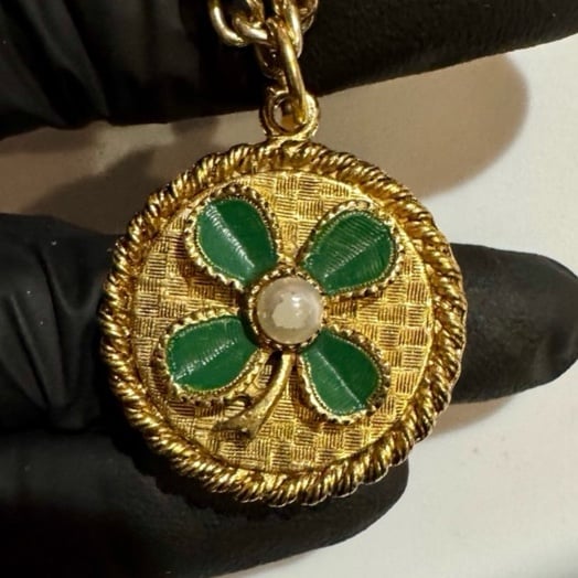 Vintage Long Lucky Clover Gold Pendant Necklace double sided pendant wear 2 ways