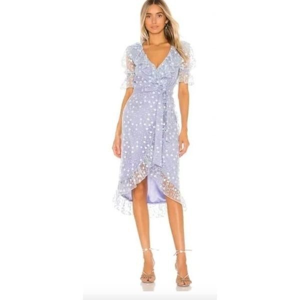 Majorelle Lawson Midi Wrap Embroidered Sheer Ruffle Dress in Blue SZ S