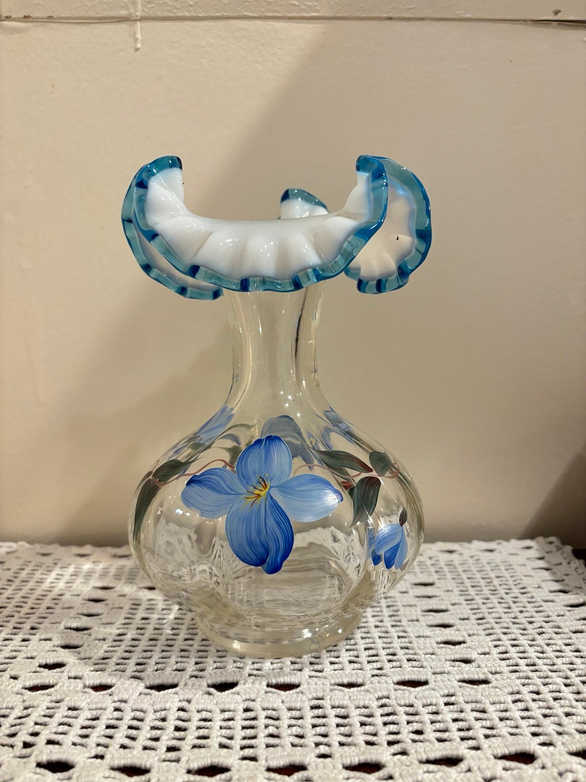 Fenton Blue Floral • Opalescent Rib Base Ruffled Aqua Crest Vase