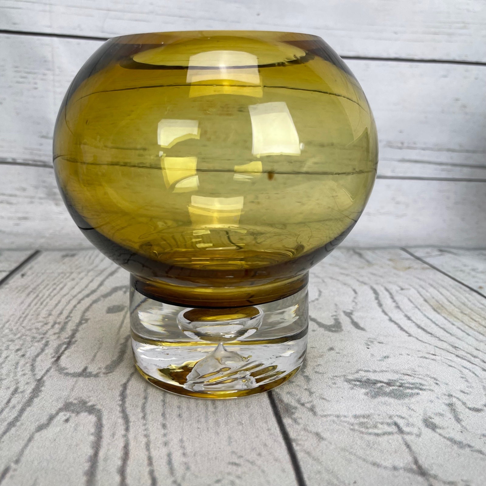 Krosno Controlled Suspended Bubble Votive Amber Vase Pedestal Art Glass Poland