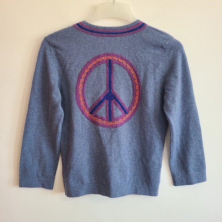 Lucien Pellat Finet Blue Cashmere Cardigan w/hooks Embroidered Peace Sign Size M