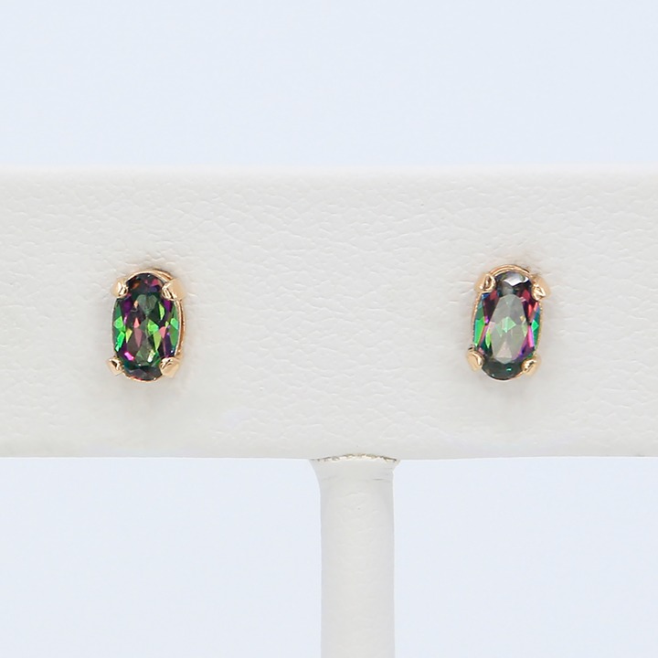Vintage 10K Gold Mystic Topaz Solitaire Stud Earrings Multicolor Gemstone 1990s