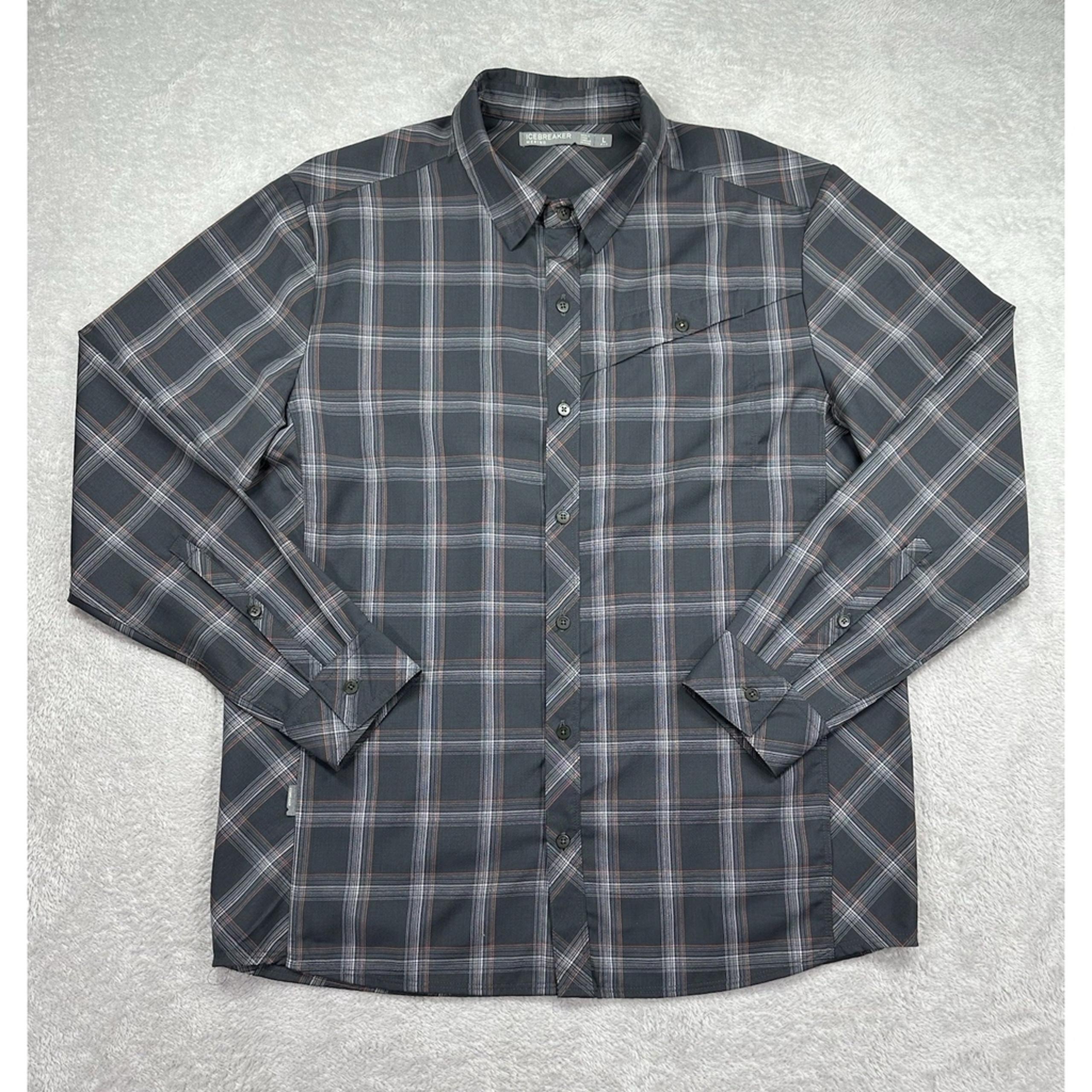 Icebreaker Shirt Mens Large Gray Plaid Button-Up Long Sleeve 100% Wool Outdoors