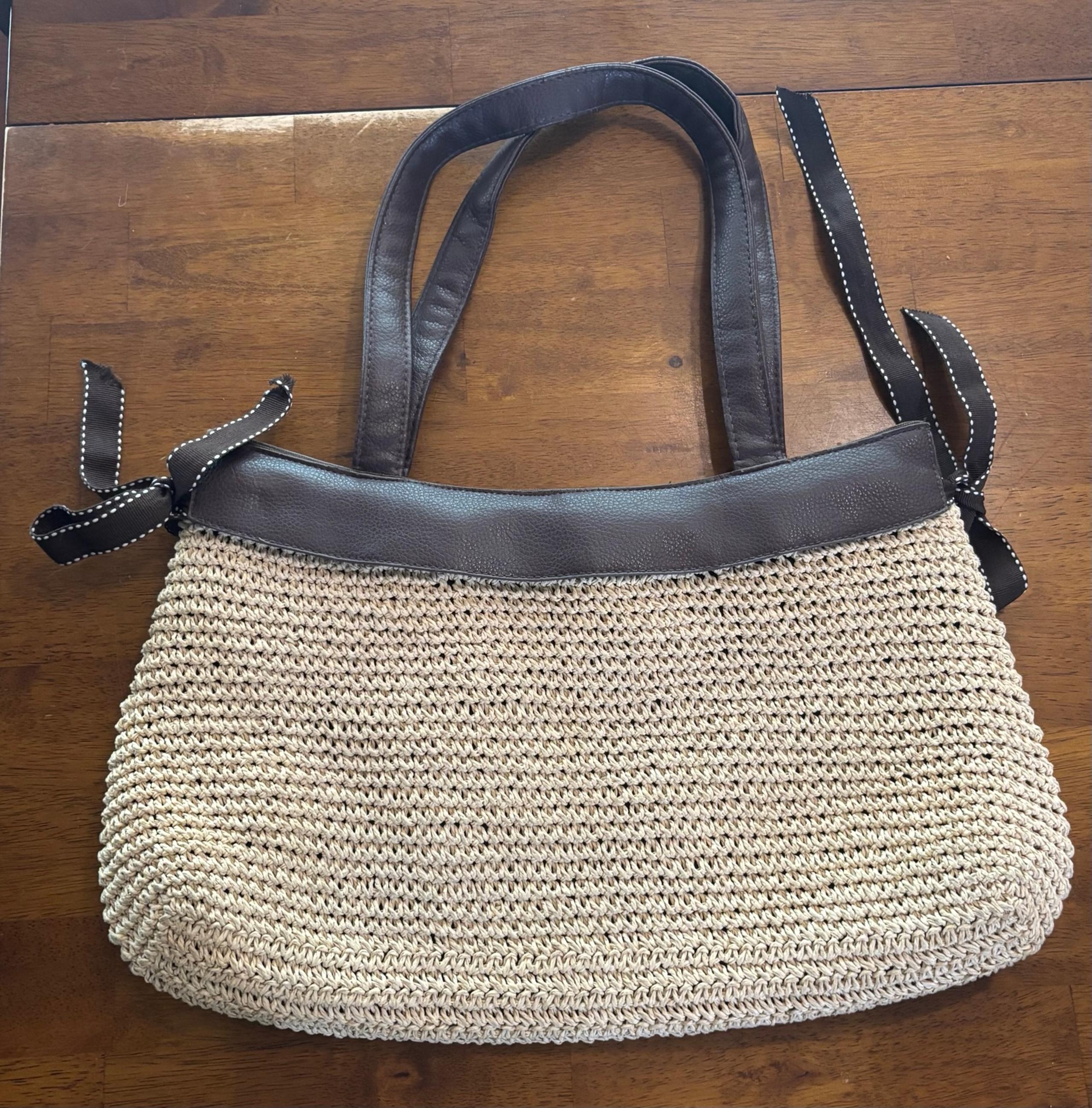 Thirty one Shoulder Bag Purse Tote Woven Straw Leather Snap Closure