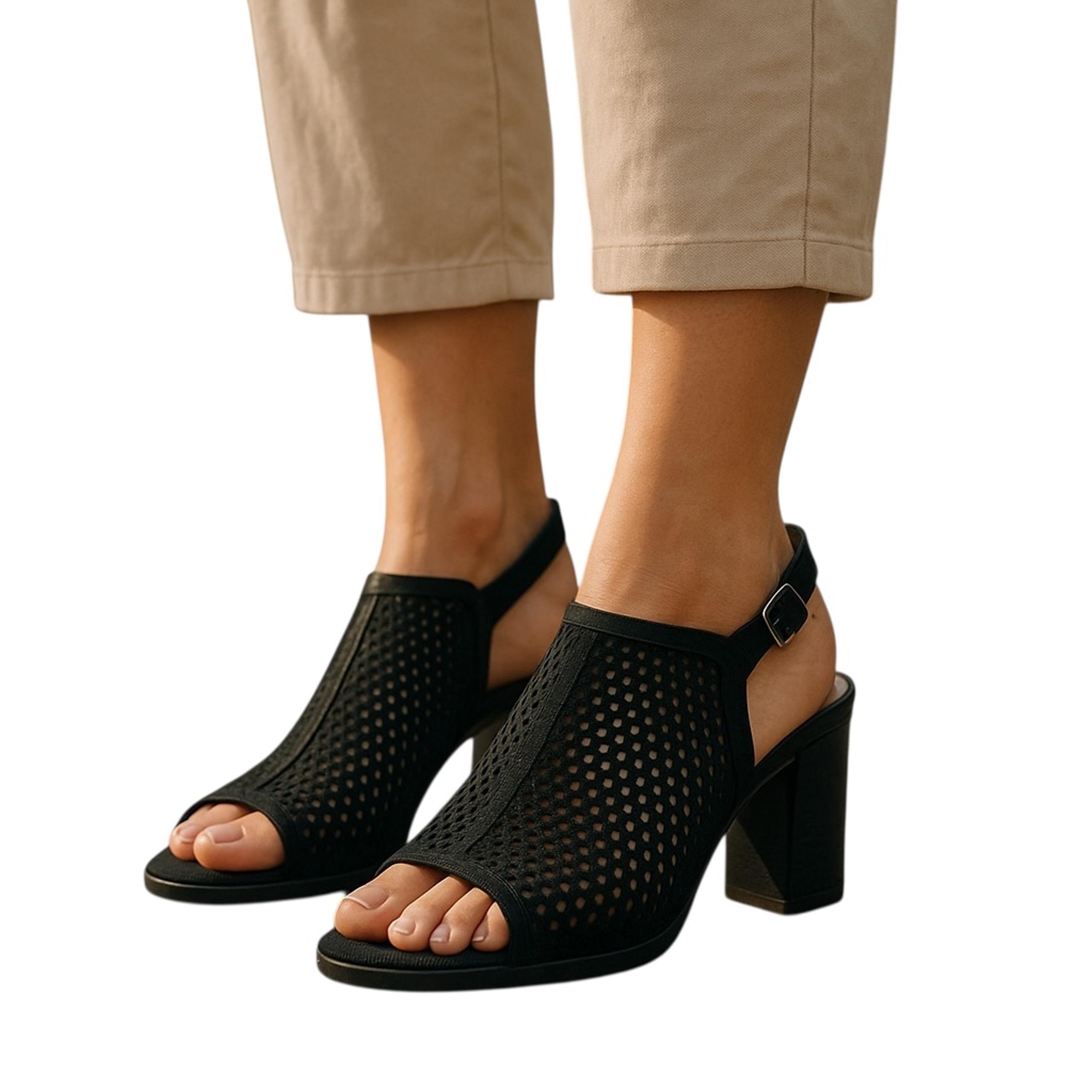 Franco Sarto Mandi Sandals 8M Black Open Toe Slingback Perforated Suede Heels