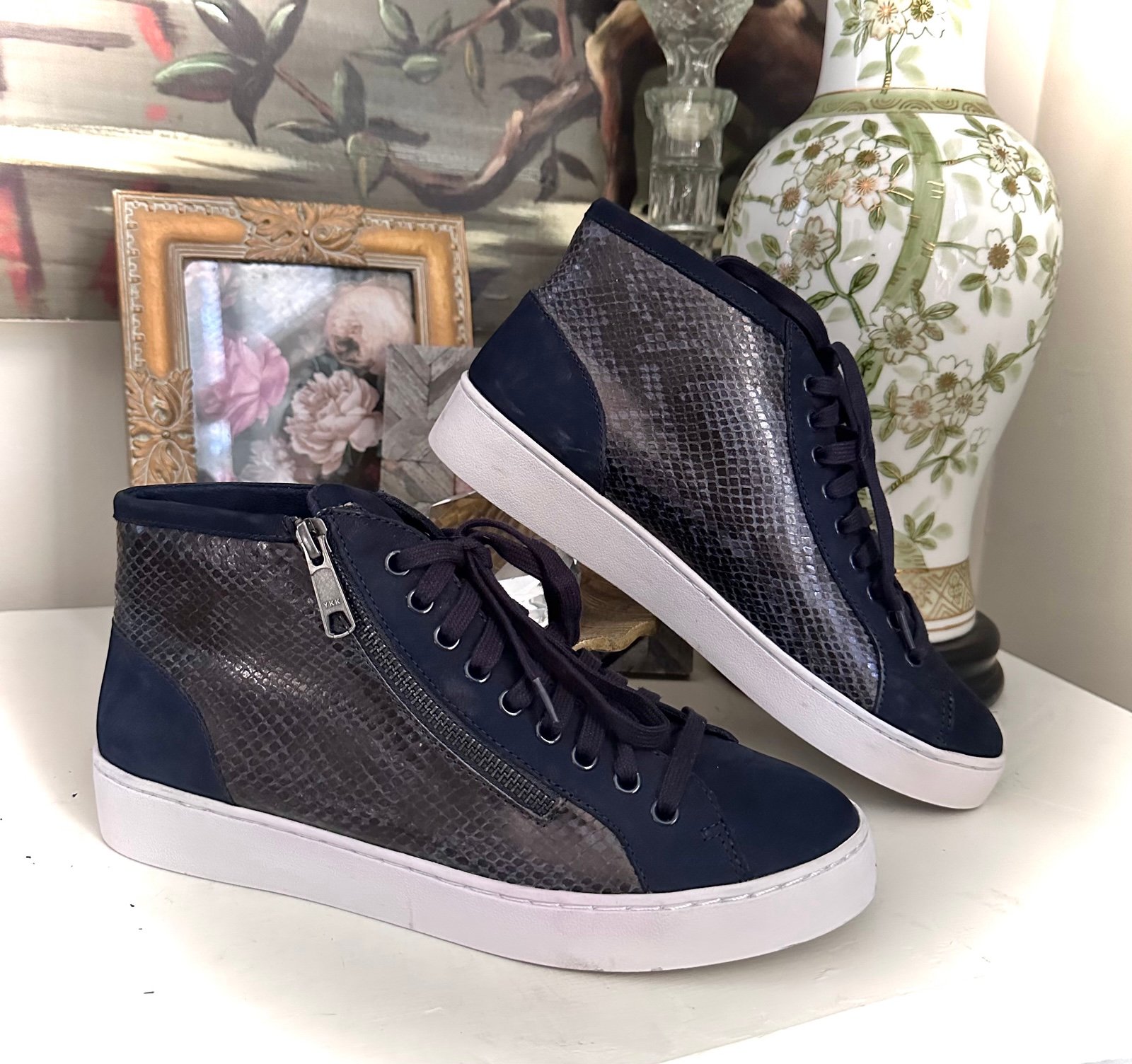 Vionic Splendid Torri High Top Sneaker shoes navy snakeskin-print