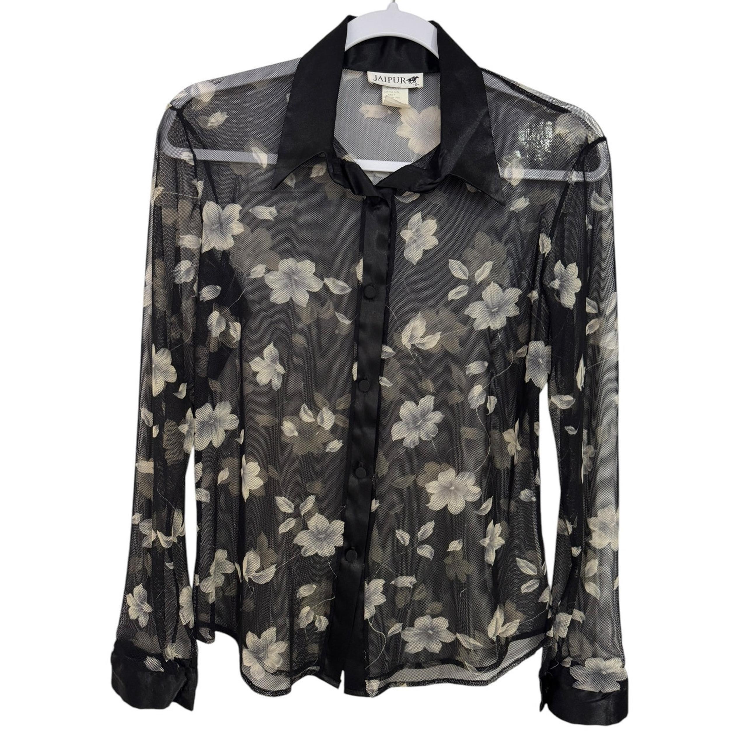 VINTAGE Jaipur Made in USA Women's Sheer Black Floral Blouse Size Small 90s Y2k