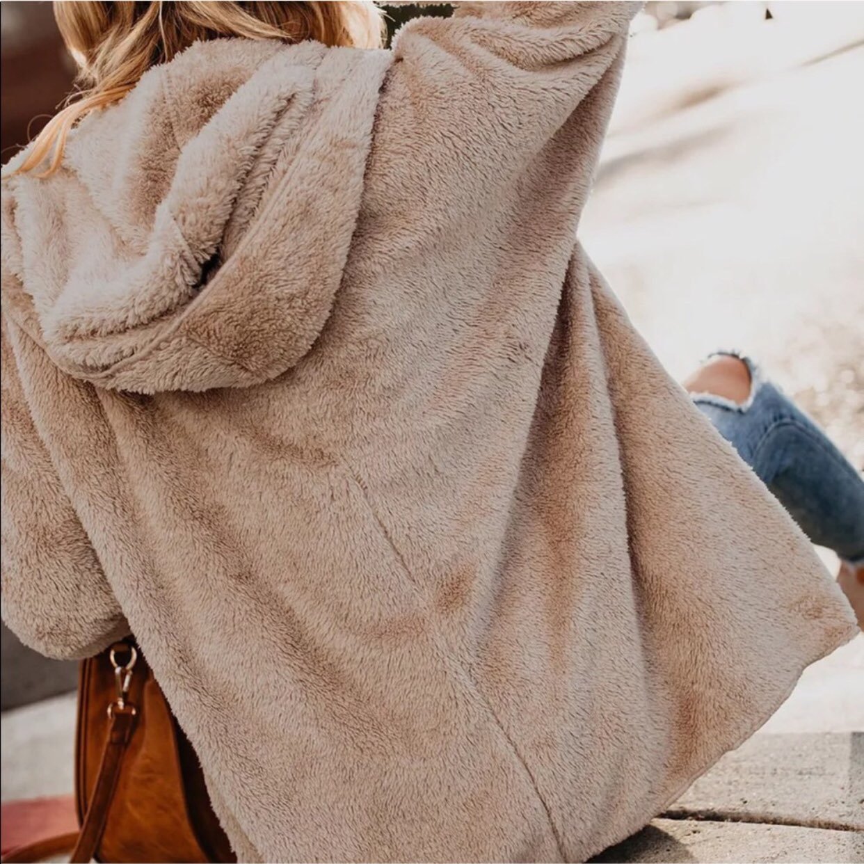 Fleece Hooded Khaki Women Cardigan fur