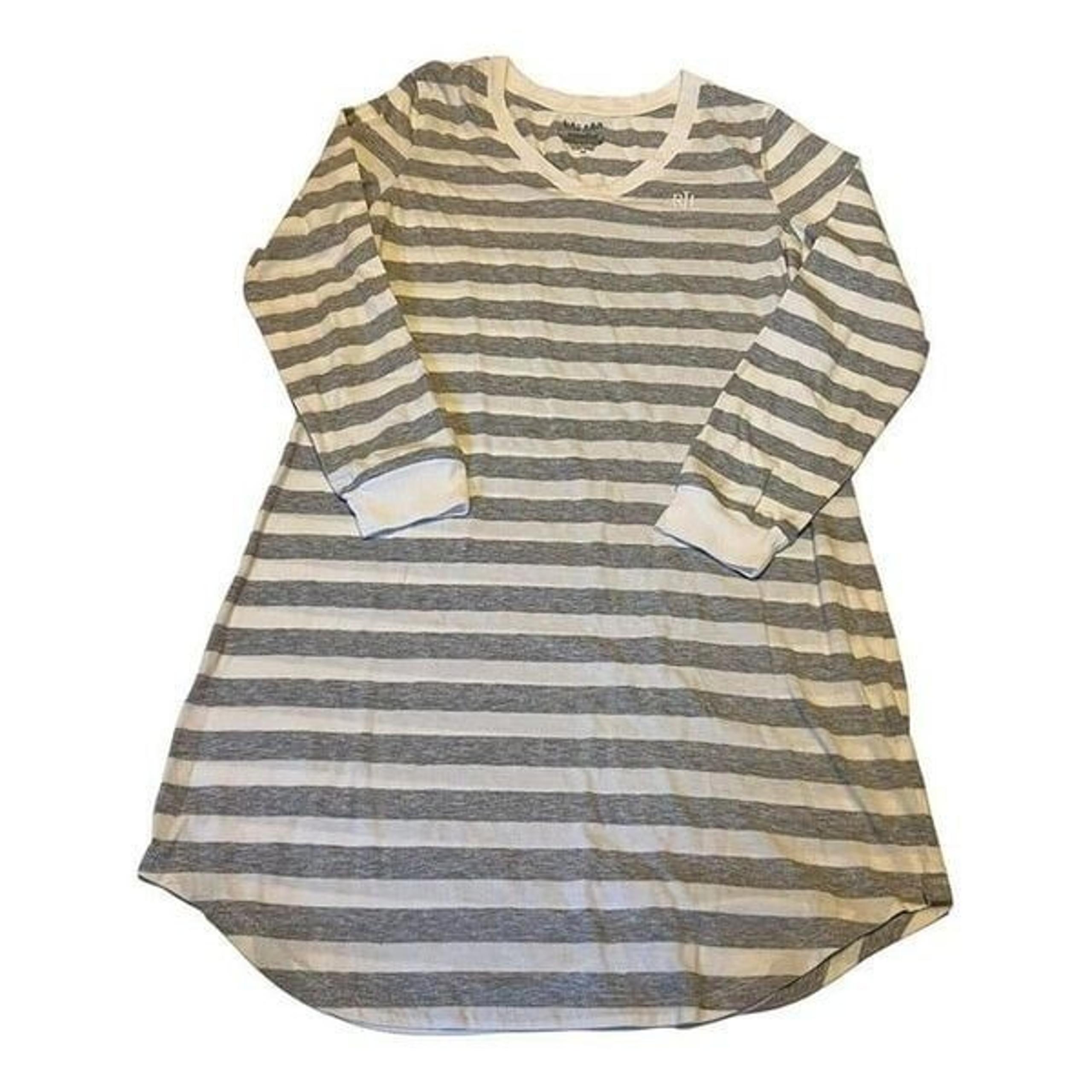 Ralph Lauren Women M Gray White Stripe Long-Sleeve T-Shirt Sleep Shirt Nightgown