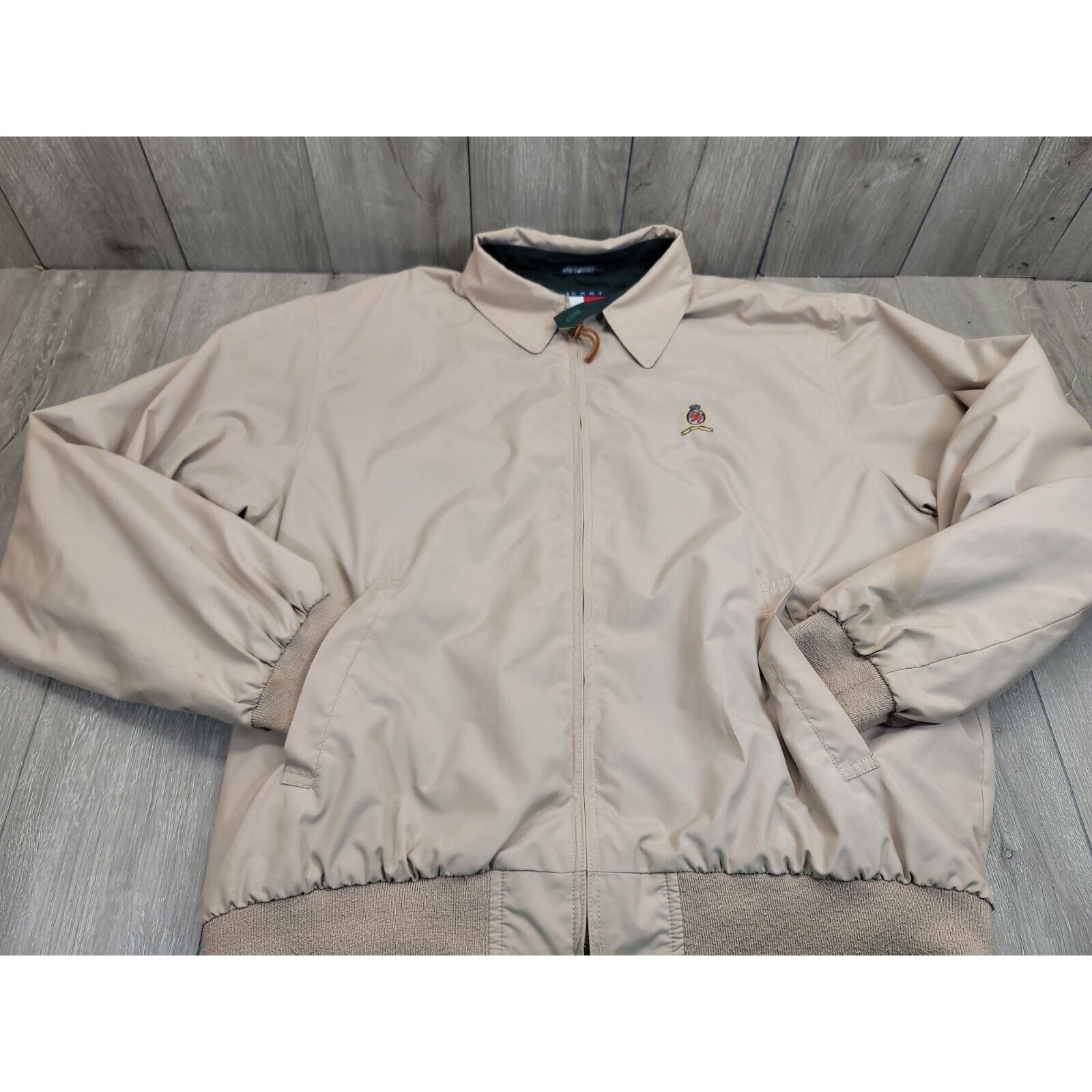 Vtg Tommy Hilfiger Mens Large Light Tan Harrington Plaid Full Zip Jacket (L3)