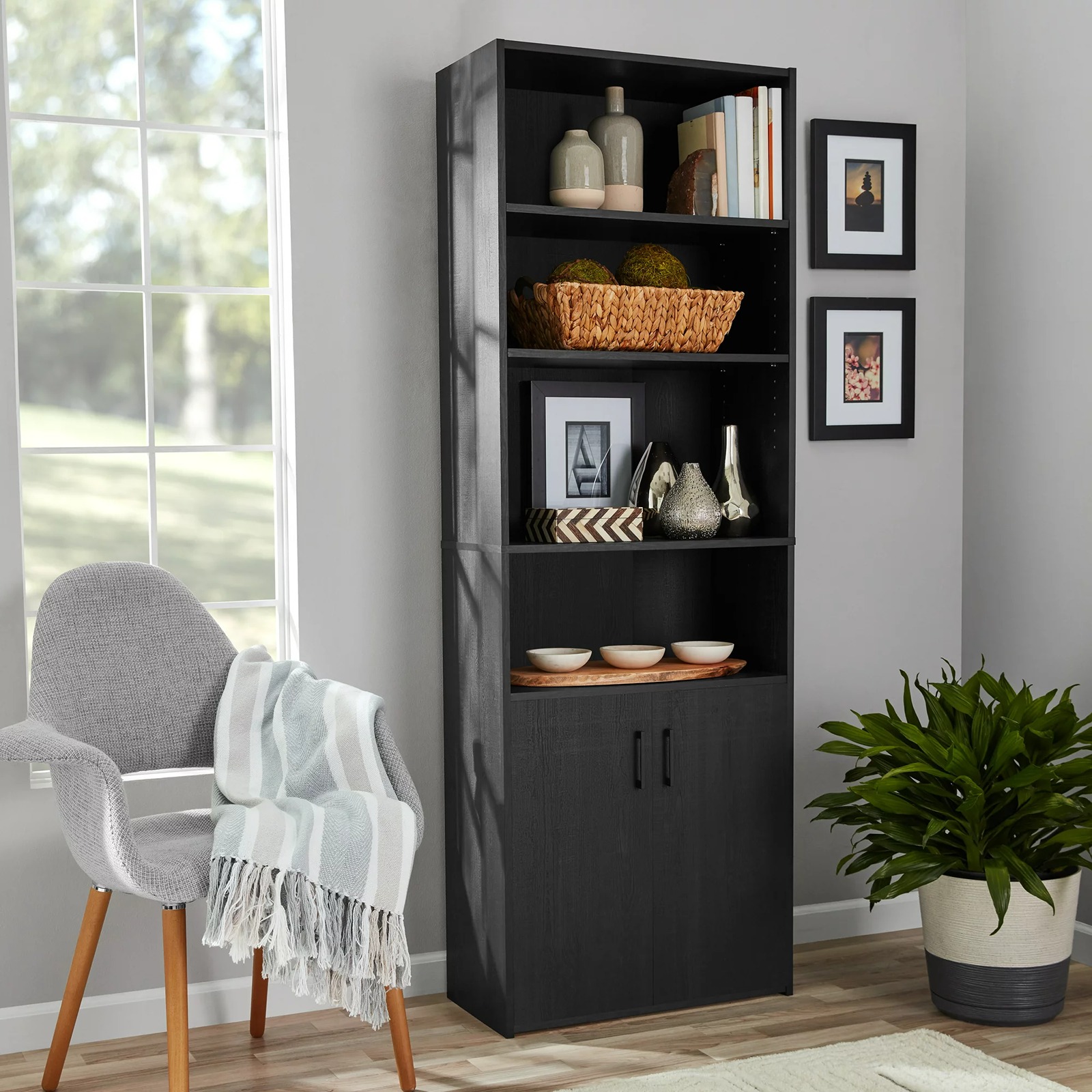 Traditional 5 Shelf Bookcase With Doors, Black-blz665