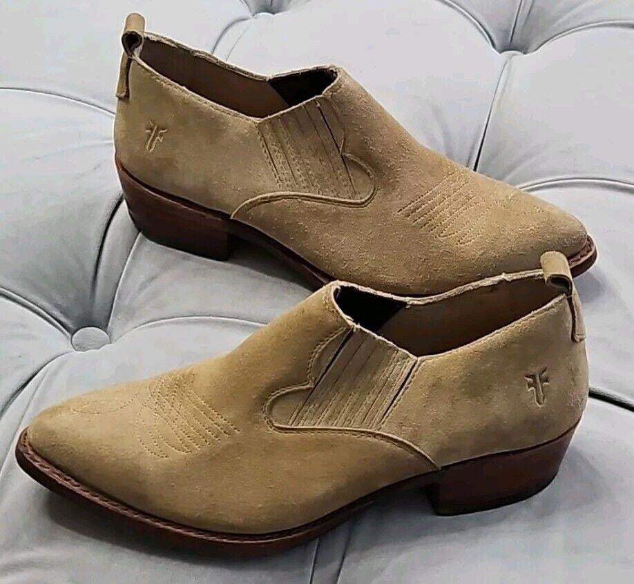 FRYE Tan Suede Booties Heels Womens Slip On Shoes 6